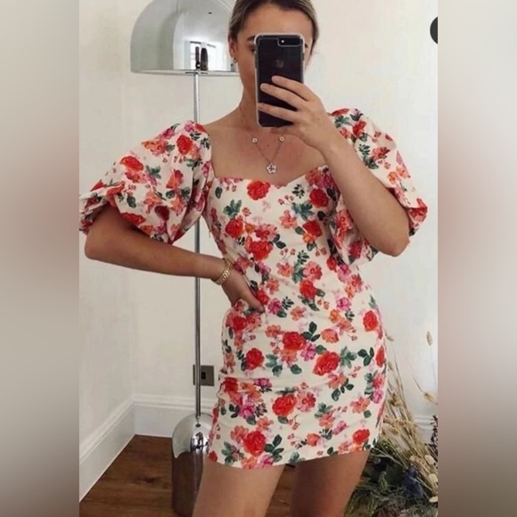 ZARA Puff Sleeve “The Caroline” Mini Dress – Cream & Pink Floral – Size XS - Picture 1 of 11